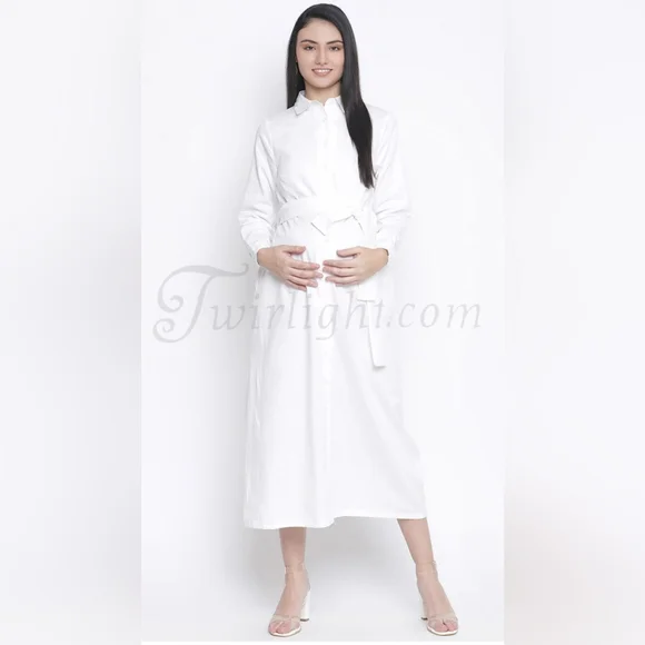 Bianca: Long White Cotton Maternity Dress - Picture 2 of 4